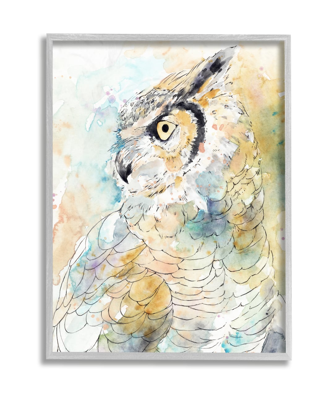 Stupell Industries Owl Side Eye Portrait Woodland Bird Watercolor in Gray Frame Wall Art